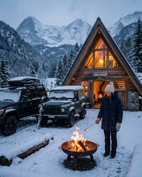 Snowy Alpine Cabin with Off-Road Vehicles 1