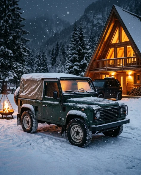 Snowy Alpine Cabin with Off-Road Vehicles 3