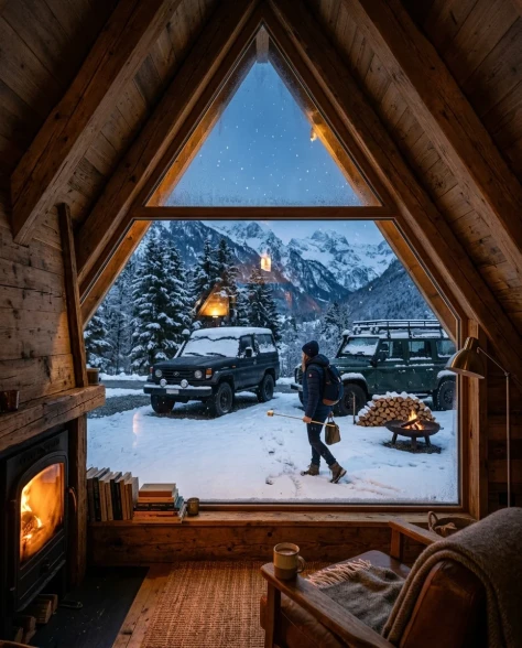Snowy Alpine Cabin with Off-Road Vehicles 6