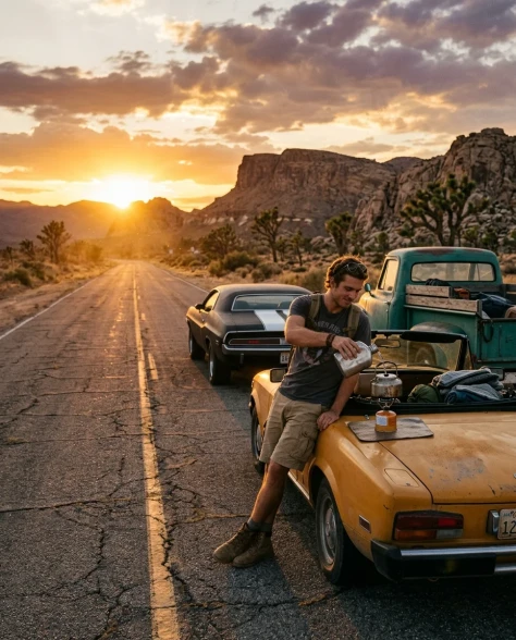 Classic Cars on Desert Highway at Sunset 1