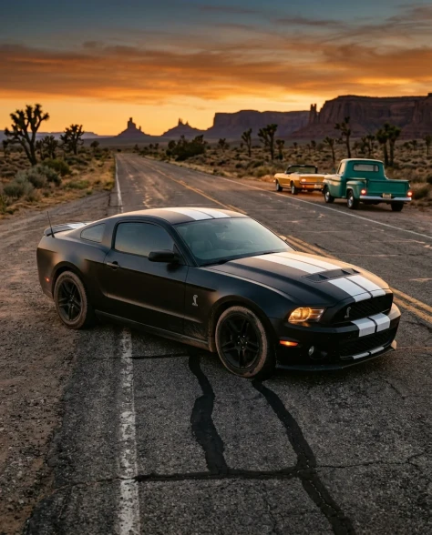 Classic Cars on Desert Highway at Sunset 2
