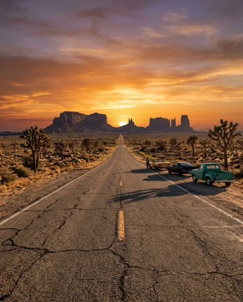 Classic Cars on Desert Highway at Sunset 5