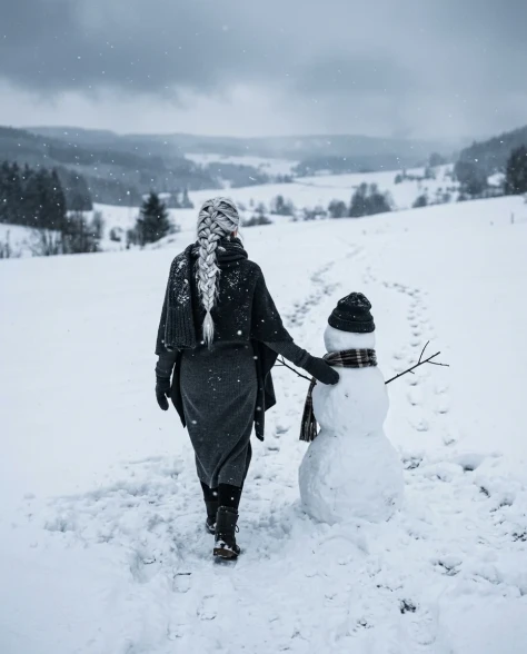 Cinematic Winter Portrait with Stylized Snowman Companion 4