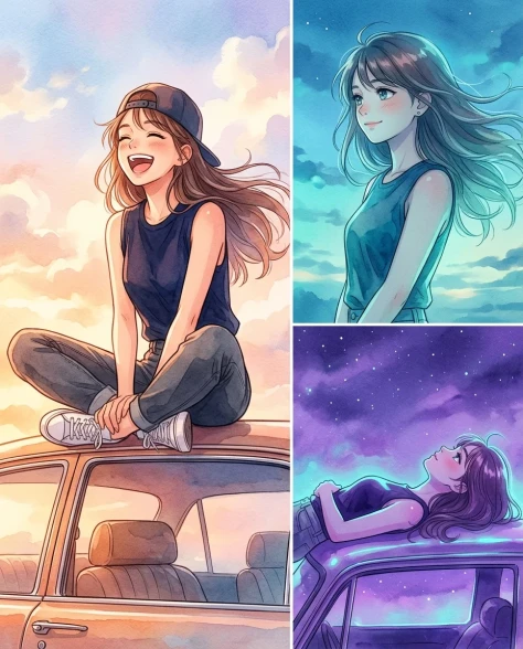 Three-Panel Anime Watercolor Split Composition 1
