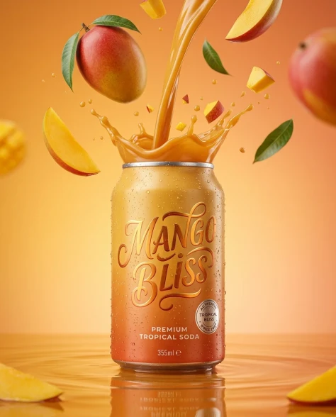 Ultra-Realistic Mango Beverage Can Product Photography 1