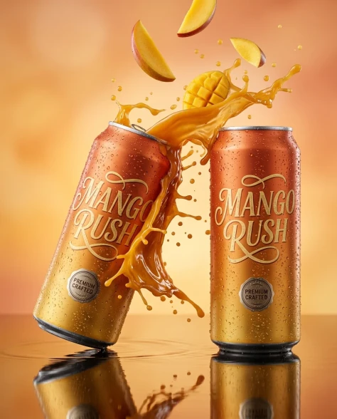Ultra-Realistic Mango Beverage Can Product Photography 6
