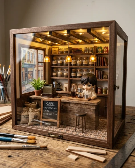 Miniature Vintage Café Diorama with Chibi Figure 4