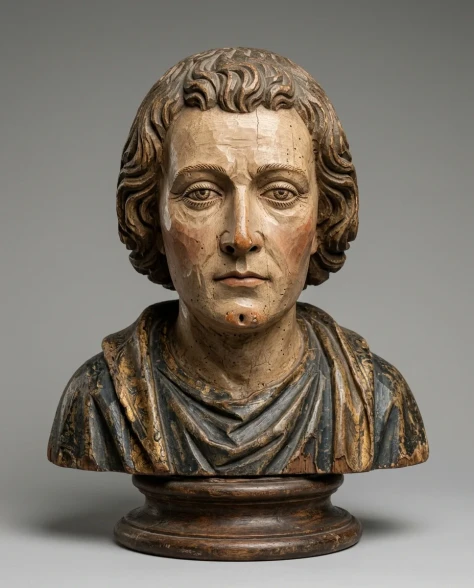 Polychrome Carved Wooden Sculpture Portrait Bust 1