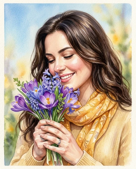 Watercolor Spring Greeting Card Portrait with Flowers 2
