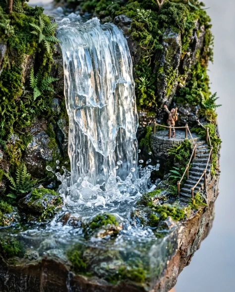 Floating Miniature Diorama of Forest Waterfall Village 2