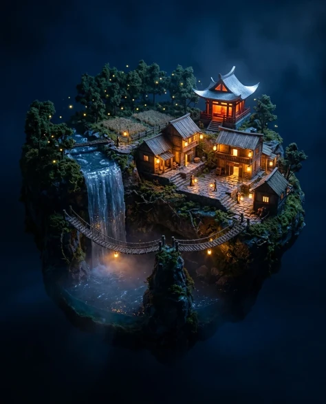 Floating Miniature Diorama of Forest Waterfall Village 6