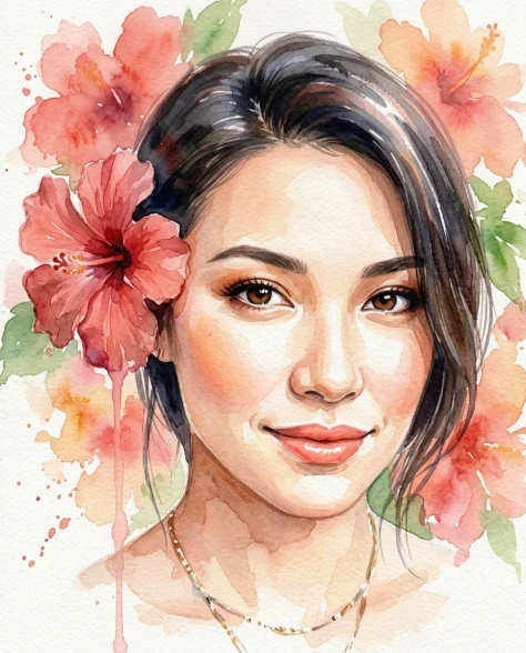 Soft Watercolor Portrait with Tropical Flowers 3
