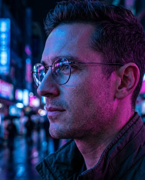 Neon-Lit Cyberpunk Portrait with Round Glasses 1