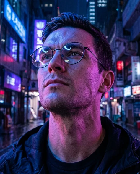 Neon-Lit Cyberpunk Portrait with Round Glasses 4