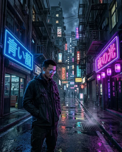 Neon-Lit Cyberpunk Portrait with Round Glasses 7