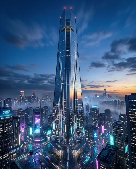 Futuristic Glass Skyscraper at Blue Hour 1