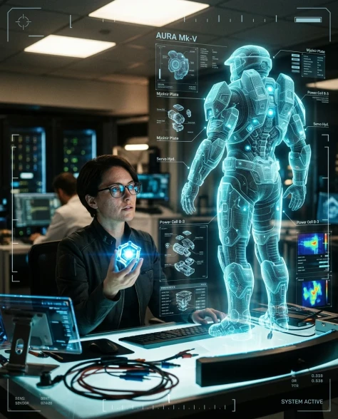 Futuristic Engineer with Holographic Exosuit Projection 1