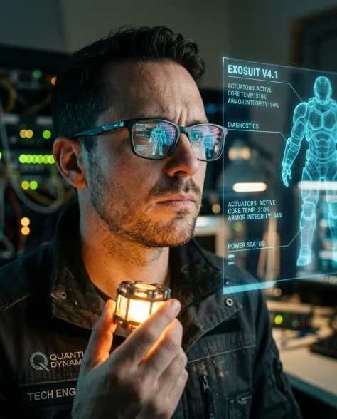 Futuristic Engineer with Holographic Exosuit Projection 2