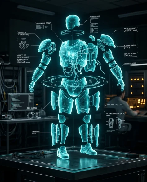 Futuristic Engineer with Holographic Exosuit Projection 3