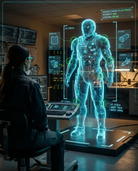 Futuristic Engineer with Holographic Exosuit Projection 5