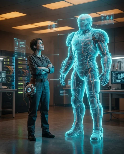 Futuristic Engineer with Holographic Exosuit Projection 6