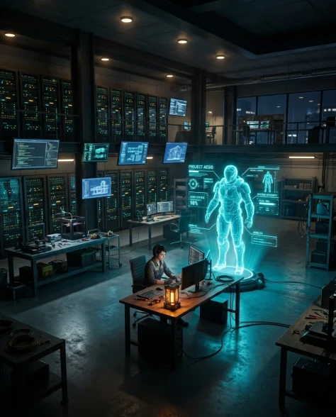 Futuristic Engineer with Holographic Exosuit Projection 7