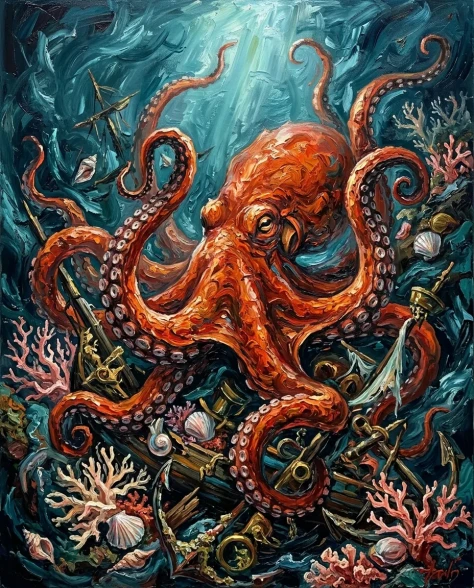 Chaotic Impasto Oil Painting of a Deep-Sea Octopus 1