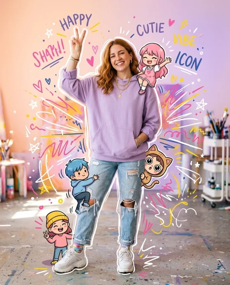 Mixed-Media Portrait with Chibi Companions and Doodles 5