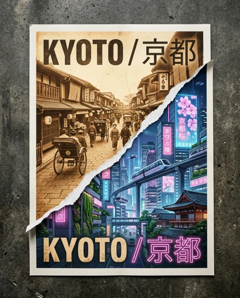 Torn Poster Revealing Two Contrasting Eras of a Historic City 1