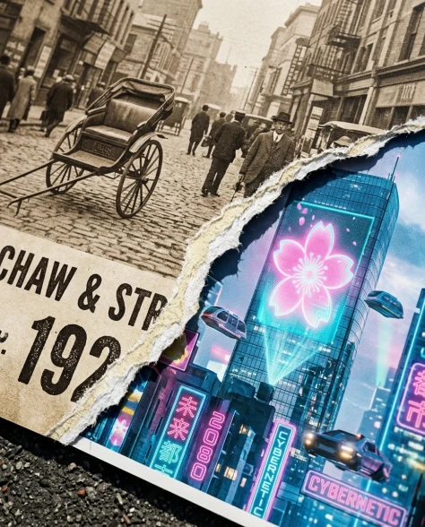 Torn Poster Revealing Two Contrasting Eras of a Historic City 2
