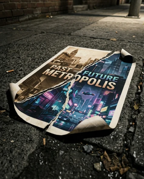 Torn Poster Revealing Two Contrasting Eras of a Historic City 6