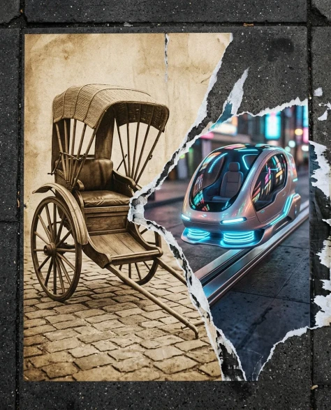 Torn Poster Revealing Two Contrasting Eras of a Historic City 7
