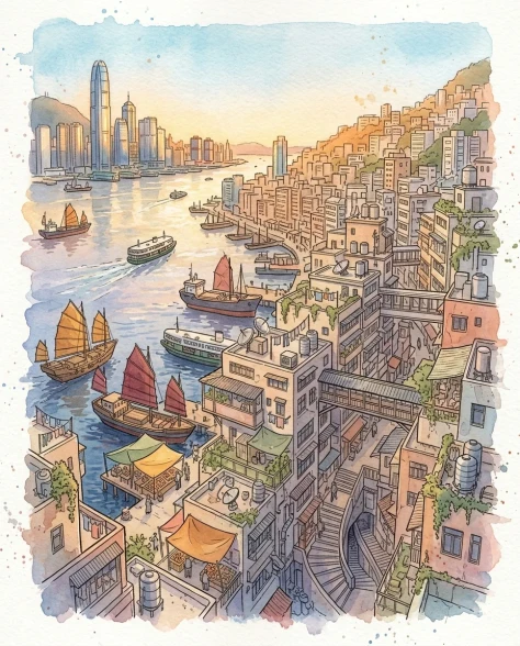 Fantasy Watercolor Hillside Harbor City 1