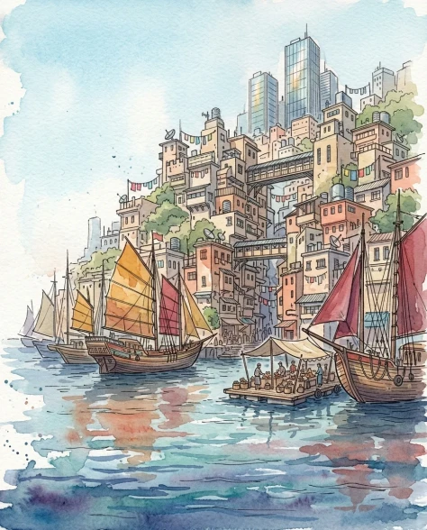 Fantasy Watercolor Hillside Harbor City 3