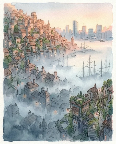 Fantasy Watercolor Hillside Harbor City 5
