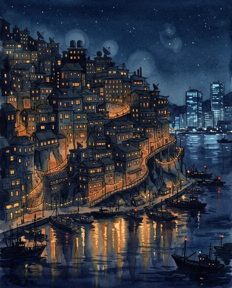 Fantasy Watercolor Hillside Harbor City 6