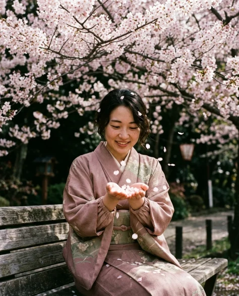 Woman in Vintage Kimono Under Cherry Blossoms 5