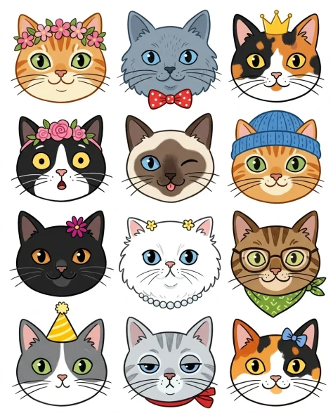 Whimsical Grid of Stylized Cat Faces 1