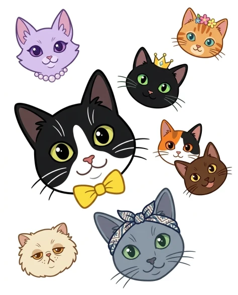 Whimsical Grid of Stylized Cat Faces 5