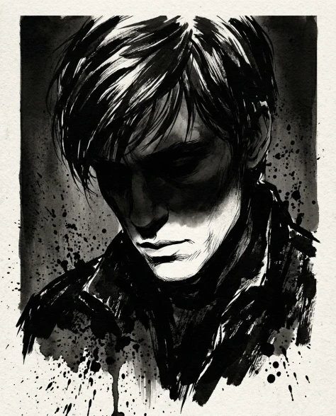 High-Contrast Ink Noir Portrait with Controlled Splatter 6