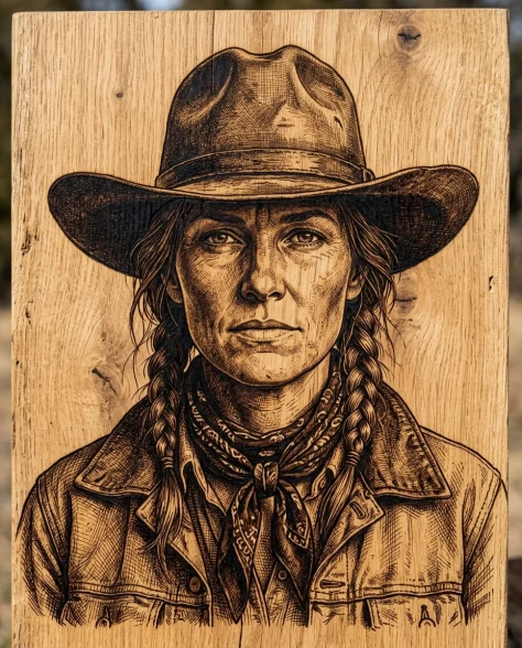Western Frontier Pyrography Portrait on Natural Wood 1