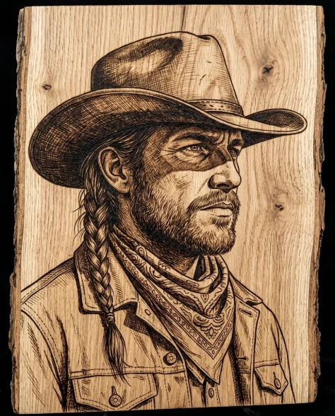 Western Frontier Pyrography Portrait on Natural Wood 2