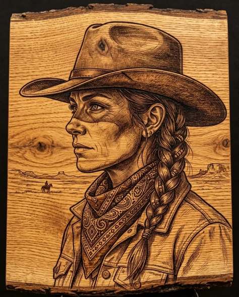 Western Frontier Pyrography Portrait on Natural Wood 4