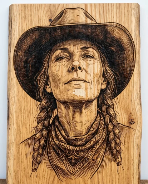 Western Frontier Pyrography Portrait on Natural Wood 5