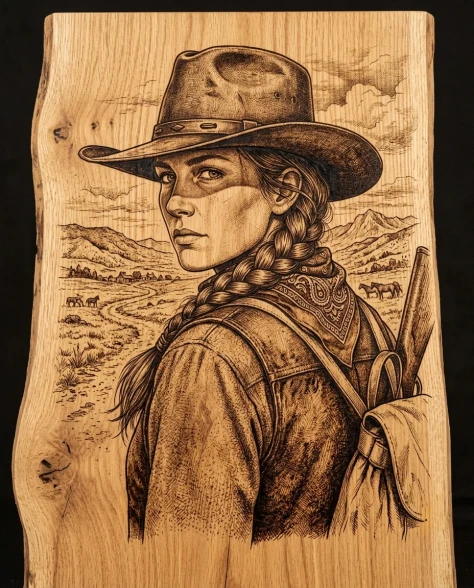 Western Frontier Pyrography Portrait on Natural Wood 6