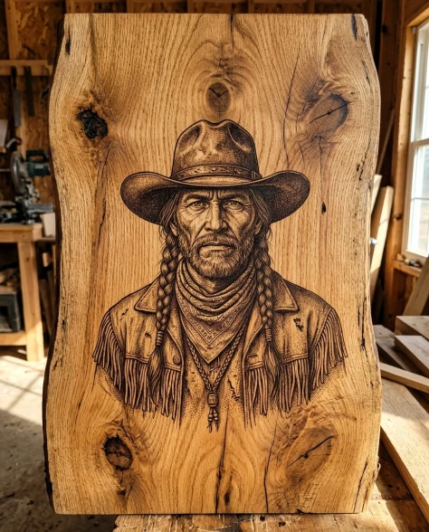 Western Frontier Pyrography Portrait on Natural Wood 7