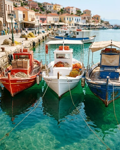 Realistic Coastal Port Scene with Colorful Fishing Boats 6