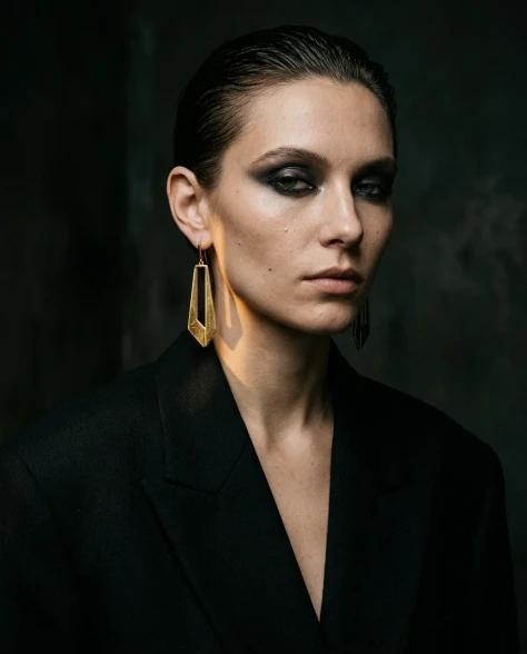 Edgy Smoky Eye Gold Earring Moody Editorial Portrait 1