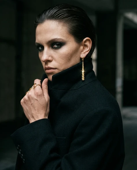 Edgy Smoky Eye Gold Earring Moody Editorial Portrait 5